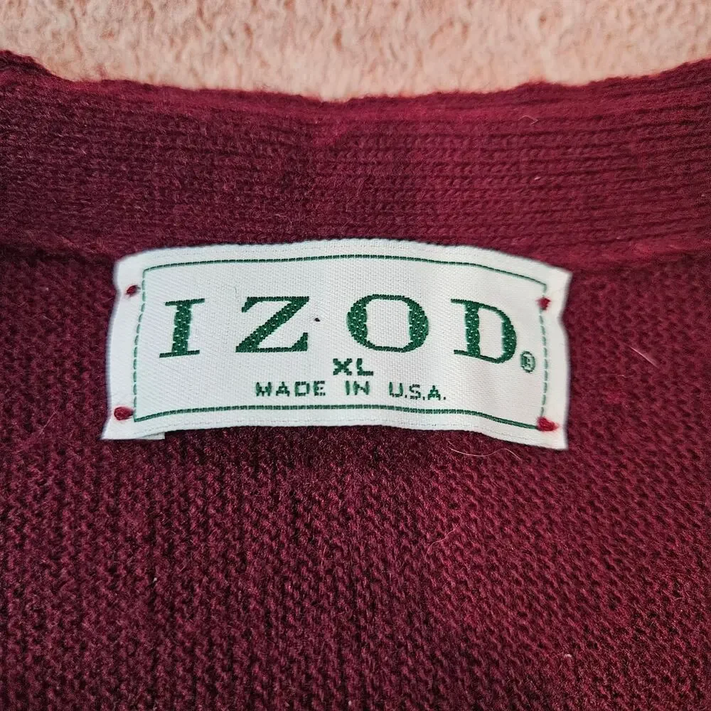 Vintage Izod Men's Burgundy V-Neck Button Cardigan Sweater Made in USA XL